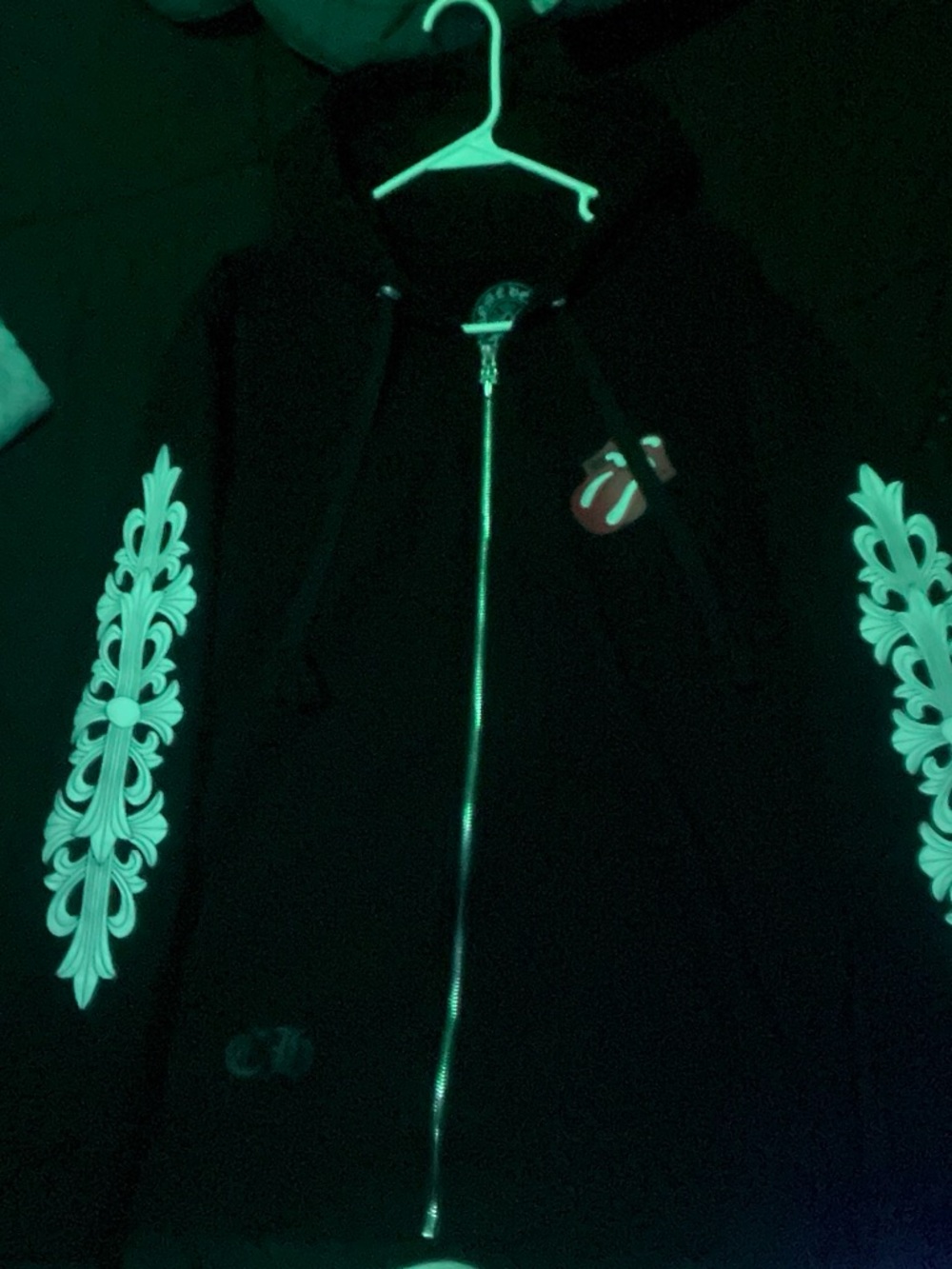 Chrome Hearts Black Zip Hoodie with White Sleeve Embroidery and Red Tongue Patch